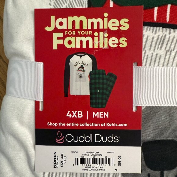 Cuddl Duds Pajamas Papa Bear Jammies Green and Black Check Size 4XB - Picture 3 of 7